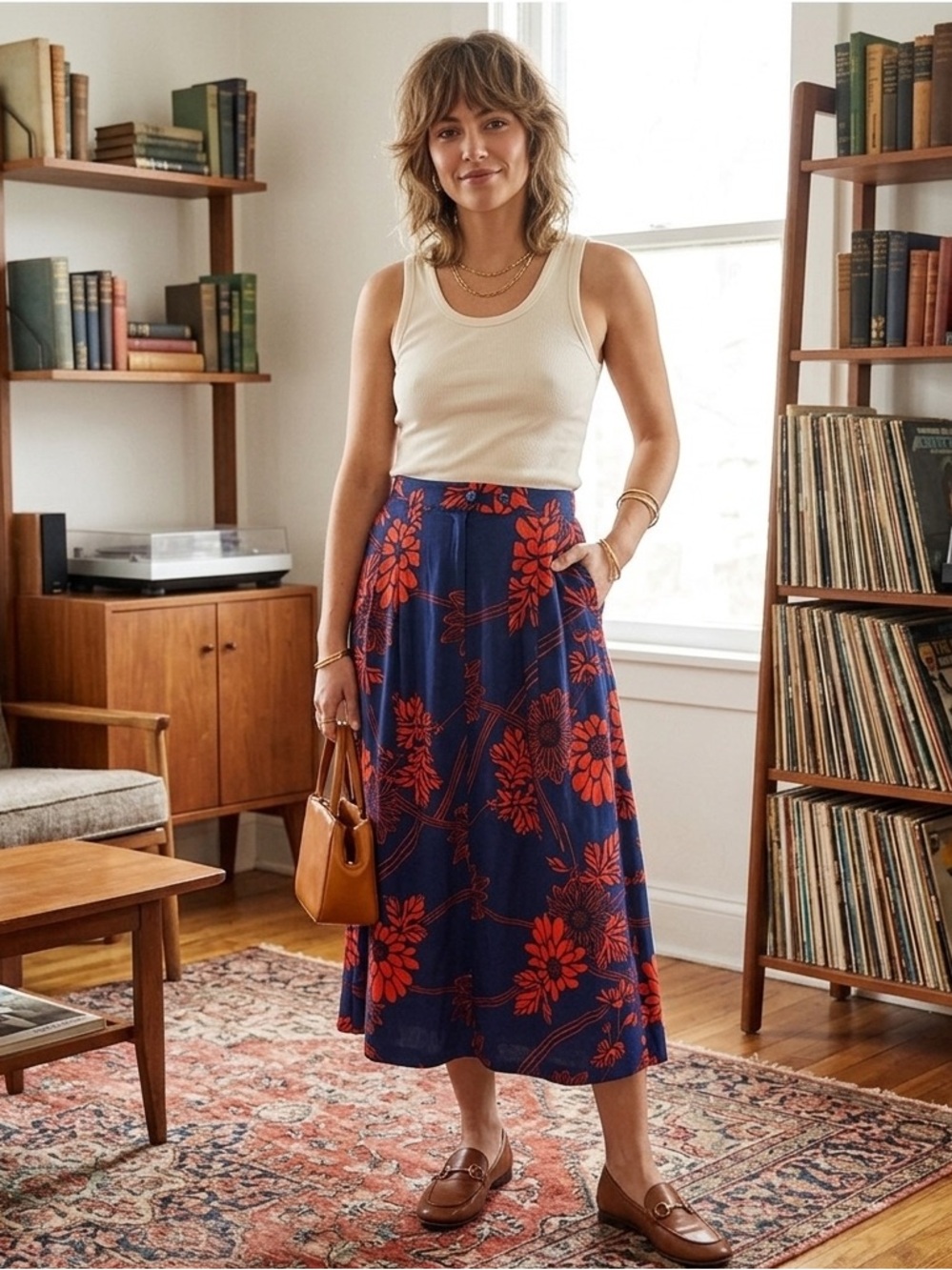 Handmade Vintage Floral Navy Blue Midi Skirt with Red Bloom Print, Size Large